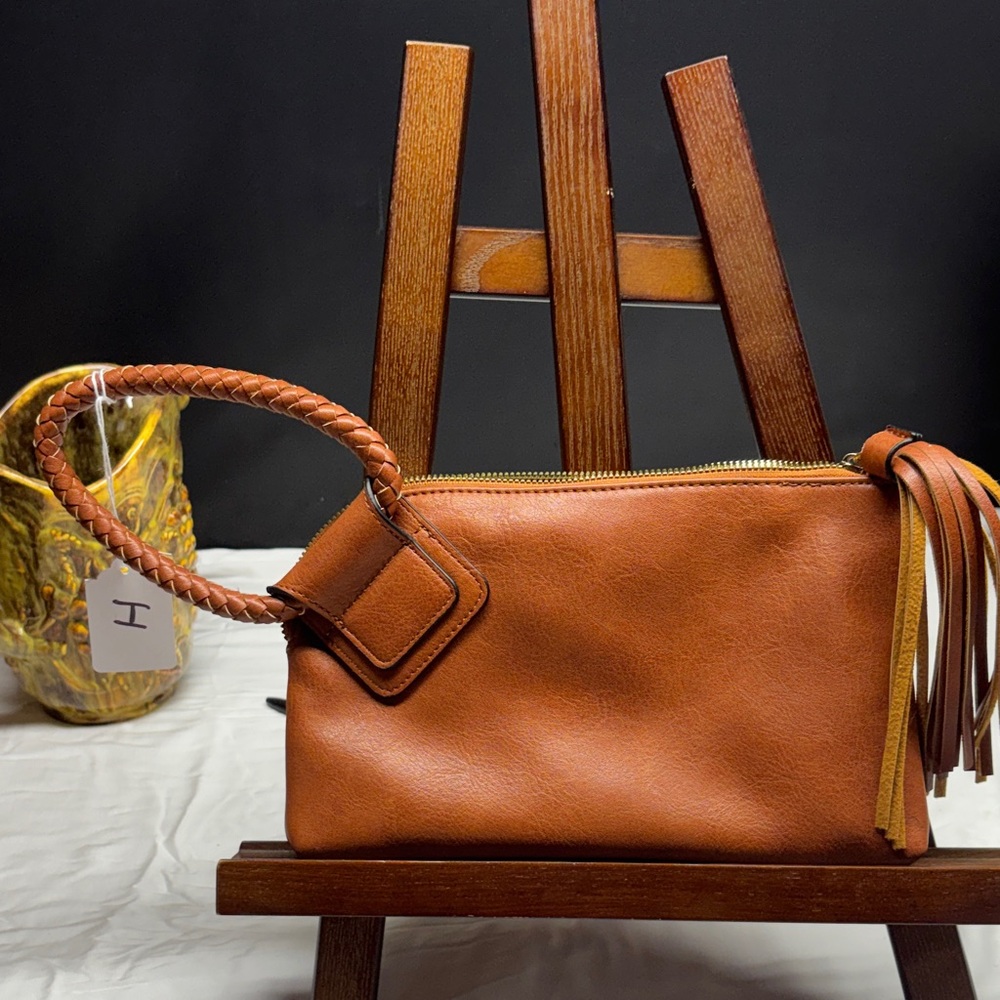 Chic Tan Leather Wristlet with Braided Handle